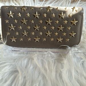 Jimmy Choo Star Studded Leather Zip around Wallet! Grey/Beige New!